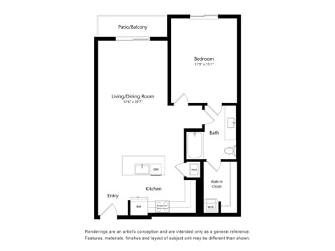 A floor plan of a small apartment with a living room, bedroom, kitchen, and bathroom.